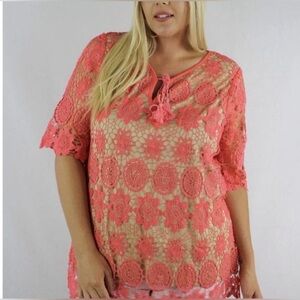 Simply Irresistible coral lace overlay blouse 1x nwot